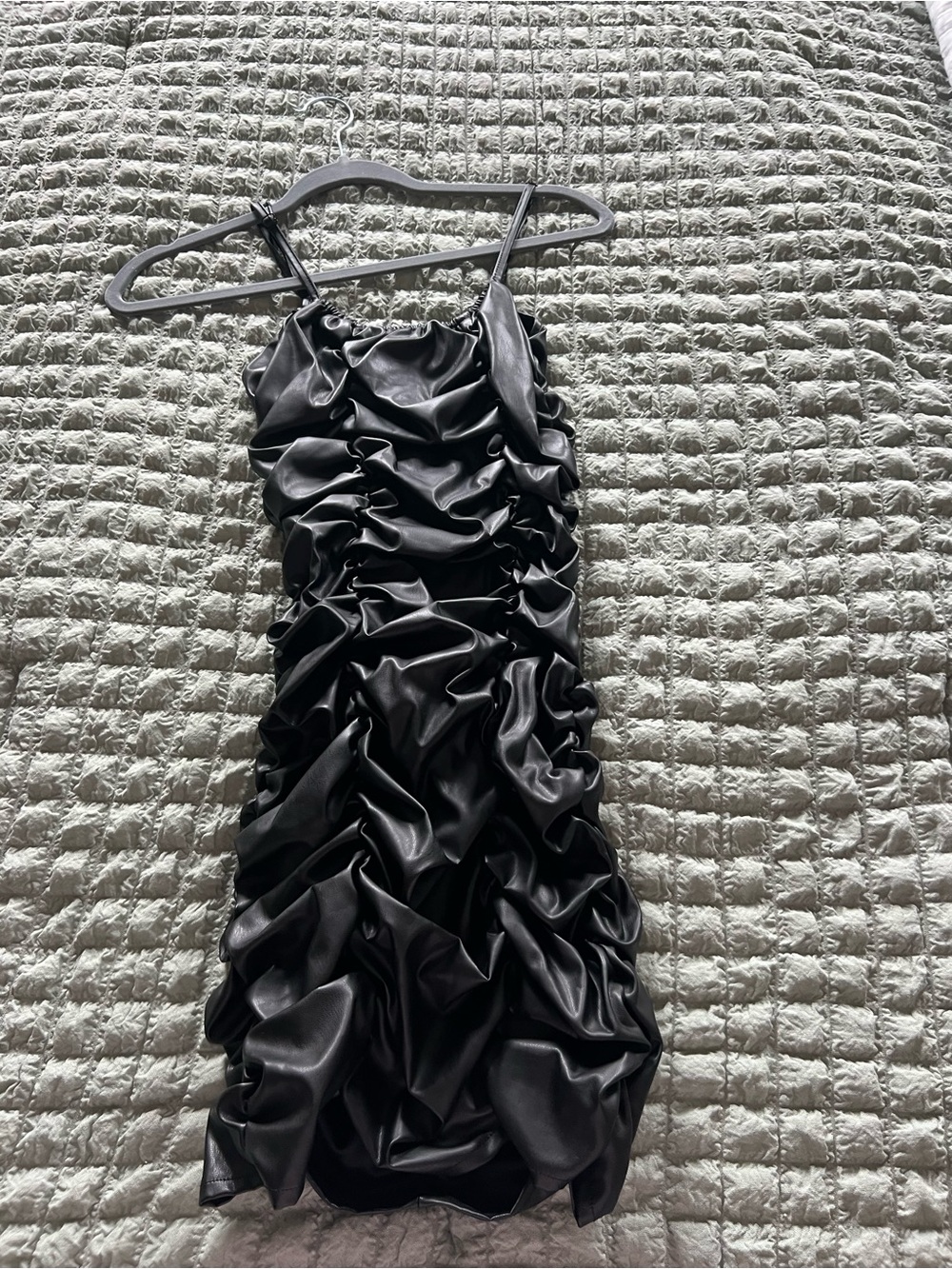 Black Ruched Faux Leather Mini Dress